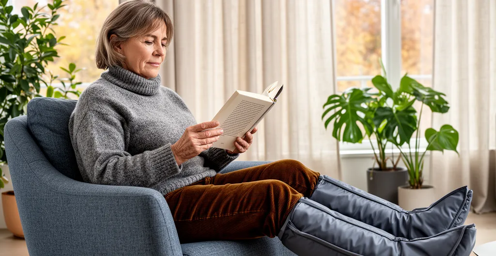 Patiente effectuant une séance de pressothérapie en mode continu tout en lisant