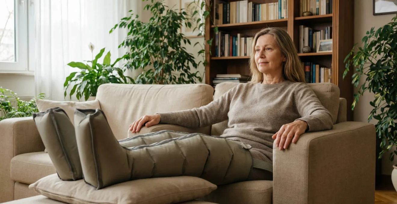 Femme utilisant des bottes de pressothérapie confortablement installée dans son salon