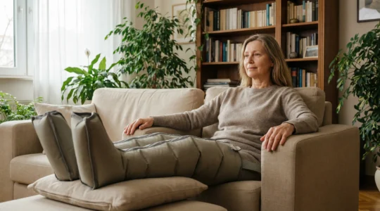 Femme utilisant des bottes de pressothérapie confortablement installée dans son salon